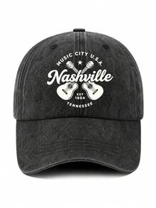 1pc Vintage Nashville EST 1804 Dad Hat, Crossed Guitar Print Washed Distressed Baseball Cap, Casual Sun Hat For Country Music Fans Travel - A - View 14
