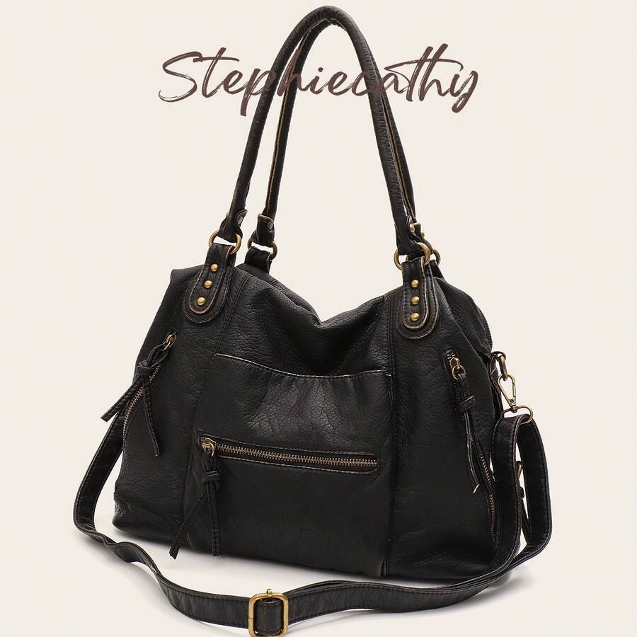 STEPHIECATHY Gothic Punk Street Style Handbag, Women's Vintage Distressed PU Leather, Rivet Decor, Long Shoulder Strap Crossbody Bag, Large Capacity Commuter Bag, Fits 13-Inch Laptop, Multi-Pocket Design, Casual Relaxed Style, Suitable For Daily Commute And College Life - Bronze - View 1