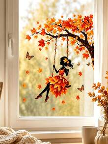 1pc Autumn Leaf Dancer Swing Silhouette Window Sticker, Glue-Free PVC Static Cling, Creative Aesthetic Maple Leaf Butterfly Fairy Glass Decal, Autumn Atmosphere Art Window Sticker Decoration, Suitable For Windows, Living Room, Bedroom, Balcony, Study, Autumn Home Decor - Multicolor - View 4