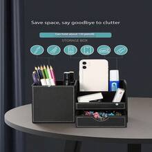 1pc Office Desk Organizer Caddy PU Leather Multi-Function Storage Box For Pens/Pencils, Phone, Business Cards, Remote Control Holder With Small Drawer, Minimalist Leather Creative Multi-Function Stationery Storage Box, High-End Office Desktop Organizer, Business Office Pen Holder, Modern Minimalist Office Storage Box, Multi-Function Desktop Stationery Organizer - Multiple Styles - View 8