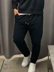 Men Stretch Gabardine Slim Fit Pants – 97% Cotton 3% Lycra, Elastic Waist Drawstring Casual Trousers - Black - View 2