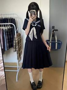 1 Buah Setelan Kostum Seragam JK Dasar Kerah Pelaut Biru Tua Manis Gaya Jepang, Cocok untuk Pesta Liburan dan Pertunjukan, Cocok untuk Semua Hari Libur, Hadiah Hari Valentine, dan Pakaian Sehari-hari untuk Liburan. - Navy Blue - View 3