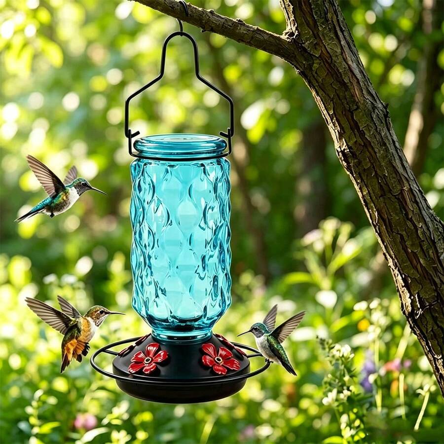 1PC Colorful Glass Bird Feeder With Hook For Hanging, Ant-Proof Hummingbird Water Feeder For Outdoor Garden And Yard, Wild Bird Feeder,Diamond-Shaped Embossed Glass Humming Bird Feeder, Tree-Hanging Outdoor Garden Bird Feeder - Multiple Styles - View 1