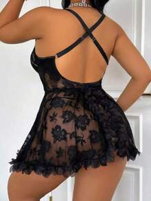 Plus Size Adjustable Strap Floral Lace Slip Nightgown, Sheer Mesh Ruffle Hem, Suitable For Honeymoon And Romantic Bedroom Night Scenes - Black - View 5