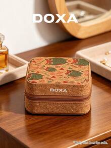 DOXA Vintage Print Portable Jewelry Box, Travel Zipper Jewellery Storage Case, Compact Display Organizer For Rings Necklaces Earrings - Brown - View 5