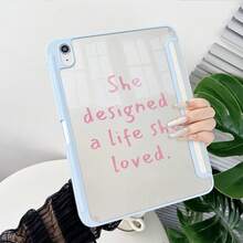 1件淺藍色與米色條紋「She Designed The Life She Loved」字母印花平板保護殼，附筆槽，多角度磁吸支架，支援自動休眠/喚醒，適用於 iPad PRO/AIR、Pad 5/6/7、MatePad - 彩色 - 查看 5