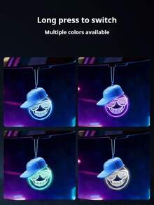 1Pc Cool Smiling Face Car Hanging Neon Light With Hat, USB Rechargeable LED Auto Rearview Mirror Pendant Lamp, Colorful Glowing Interior Decor Ornament - Multi-color light - View 12