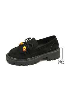 Contrast Color Wooden Bead Bowknot Lace-Up Suede Solid Color Retro Loafers Thick Platform Serrated Sole Slip-On Wedge Heel Shoes Fashion Versatile - Black - View 8