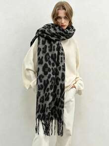 1PcVintage Leopard Print Tassel Scarf, Soft Imitation Cashmere Large Blanket Shawl, Women Autumn Winter Warm Fringe Wrap Scarf - Multicolor - View 1