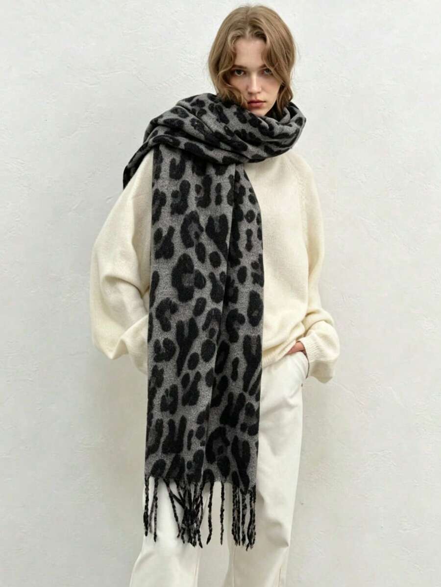 1PcVintage Leopard Print Tassel Scarf, Soft Imitation Cashmere Large Blanket Shawl, Women Autumn Winter Warm Fringe Wrap Scarf - Multicolor - View 1