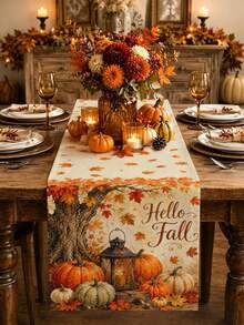 Taplak Meja Thanksgiving, Sarung Bantal, Alas Piring, Taplak Meja Motif Musim Gugur Vintage Lentera Daun Maple Pohon, Taplak Meja Dekoratif Panjang Gaya Rumah Pertanian Pedesaan Selamat Datang Musim Gugur, Dekorasi Pesta Liburan Rumah Dapur - MultiWarna - View 1