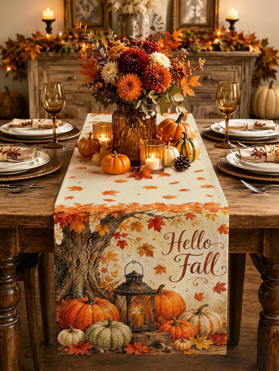 Taplak Meja Thanksgiving, Sarung Bantal, Alas Piring, Taplak Meja Motif Musim Gugur Vintage Lentera Daun Maple Pohon, Taplak Meja Dekoratif Panjang Gaya Rumah Pertanian Pedesaan Selamat Datang Musim Gugur, Dekorasi Pesta Liburan Rumah Dapur - MultiWarna - View 1