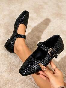 Black Woven Texture Mary Jane Shoes For Women, Square Toe Metal Buckle Strap Soft Sole Flat Shoes, Commute Daily Ballet Shoes - Black - View 5