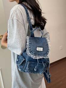 Retro Drawstring Drawstring Backpack, Embellished With Lace And Labels, Featuring Multiple Pockets, Suitable For Shopping, Dating And Daily Travel - Blue - View 3