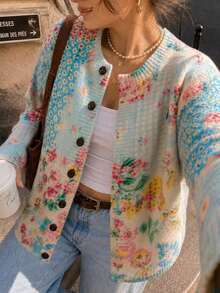 女款淺藍色拼接花卉針織開襟衫，前扣長袖毛衣，可愛秋季上衣，返校季冬季假期秋季穿搭 - 彩色 - 查看 5