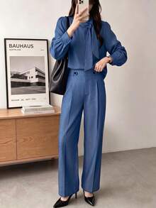 Women's Fashion Stand Collar Ribbon Blouse & Wide Leg Pants Set, Petal Sleeve With Cuffed Design, Draped Commuter Elegant 2 Pieces Outfit - Blue - View 3