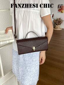 Woven Embossed Envelope Baguette Handbag With Vintage Metal Lock, Crossbody Long Small Bag, Premium Commuter Party Handbag, Ins Niche Design Elegant Women's Daily Versatile Storage Bag - Coffee Brown - View 5
