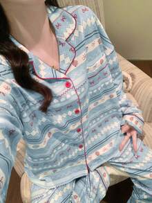 2pcs Women's Pajama Set, Lapel Cardigan Asymmetrical Print Long Sleeve, Suitable For All Seasons - Multicolor - View 3