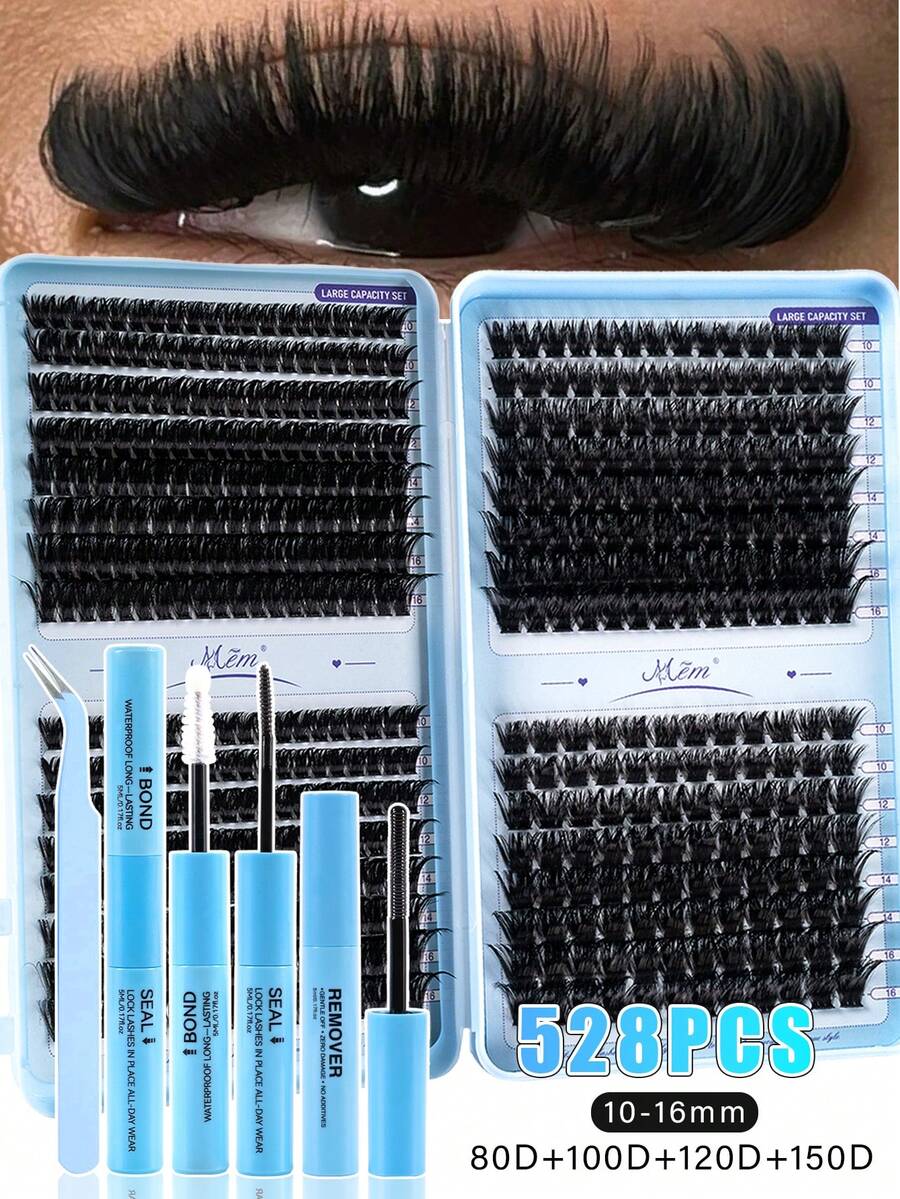 MEM 640/528-Piece Soft False Eyelashes (D-Curl)-3D Segmented Cluster Lashes; Beginner-Friendly Kit Including Glue, Tweezers, And Tools; Portable Lash Book; Suitable For Daily Wear, Travel, Parties, And Wedding Makeup; Ideal For Halloween And Christmas.