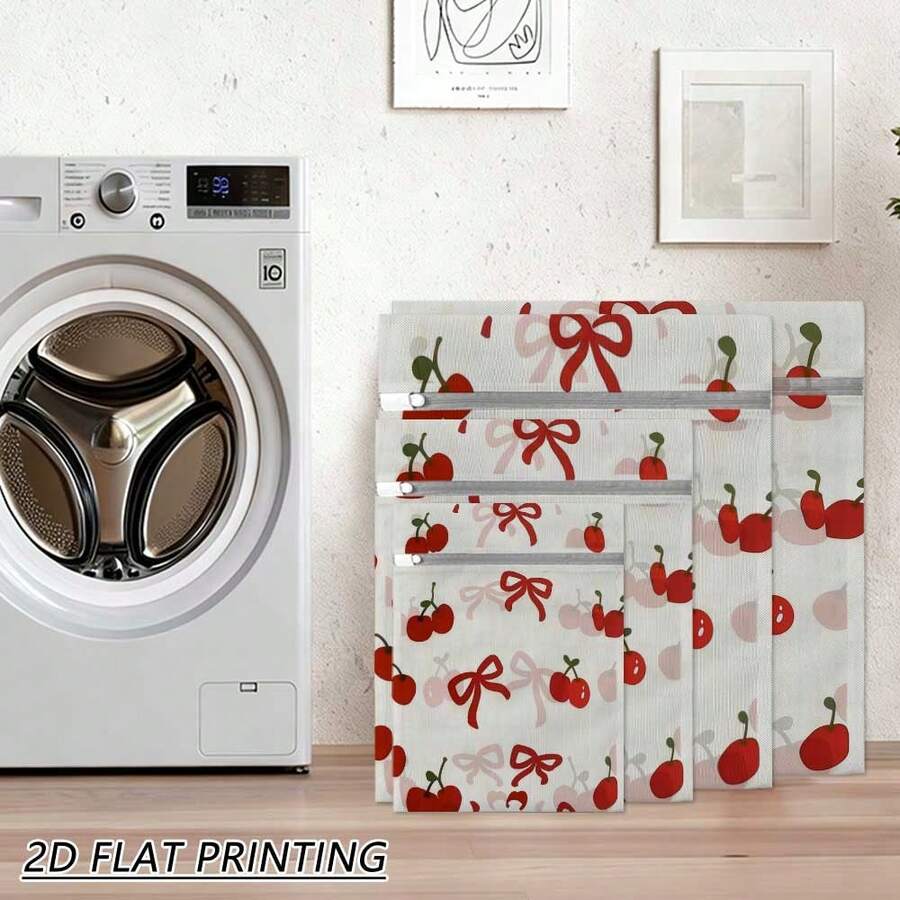 4PCS Cherry Ribbon Pattern Zipper Mesh Laundry Bags Multiple Sizes Reusable Large Capacity Fine Mesh See-Through Washing Bags For Button-Up Shirts Hoodies Socks Bras Underwear Delicates, Minimizing Twisting, Travel Storage Organizer - View 1