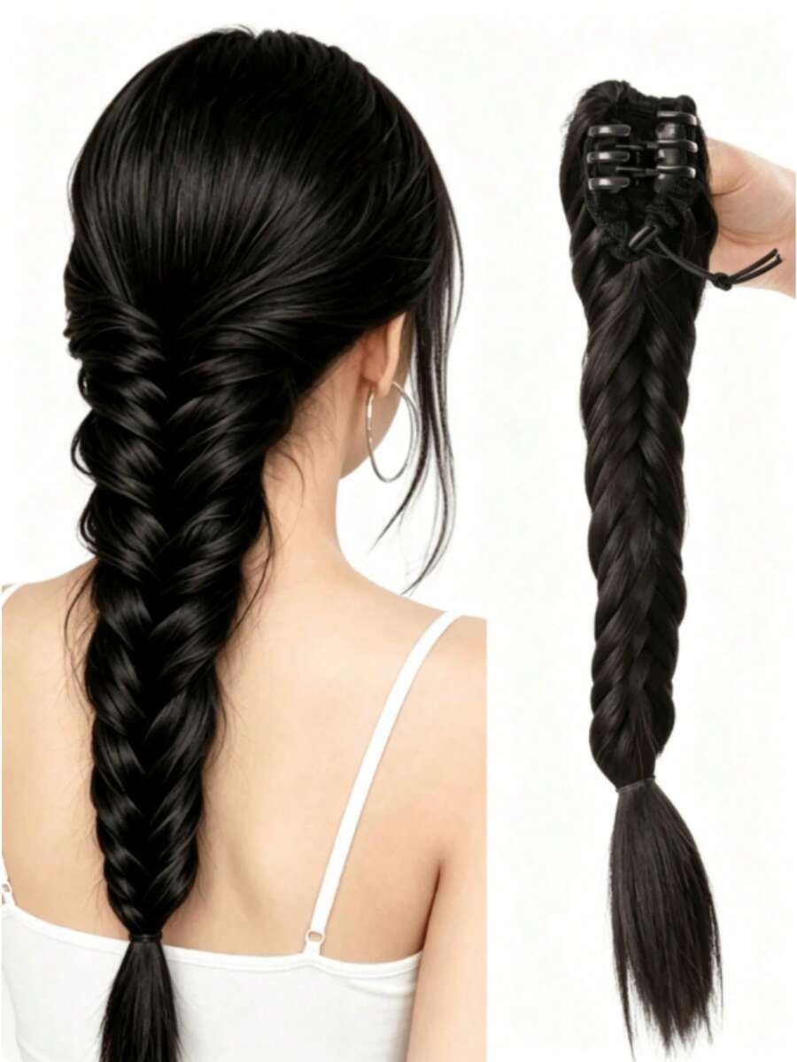 Brown-Black 16-Inch Hand-Braided Ponytail Extension, With Claw Clip, Suitable For Women