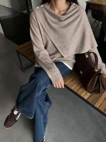 SEREN Sweater Wanita Model 2-in-1 Asimetris Warna Polos Terbaru, Atasan Lengan Panjang dengan Desain Kerah Bertumpuk Musim Gugur, Cocok untuk Pemakaian Sehari-hari - Yan - View 3