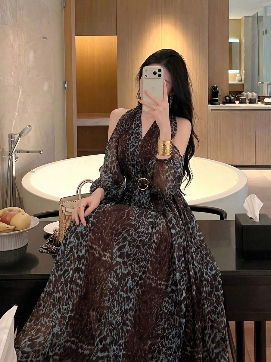 Women's Elegant Sexy Modern Long Sleeve Printed Off-Shoulder Dress With Custom Belt, Fashionable Flared Slimming Design - Coffee Brown - View 1