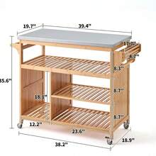 Bamboo Kitchen Rolling Utility Trolley Cart With Stainless Steel Top. Ding Rolling Cart, Kitchen Worktable, Outdoor BBQ Food Prep Cart, Multifunctional Flattop Bar Cart (Nature) - Mustard Yellow - View 3