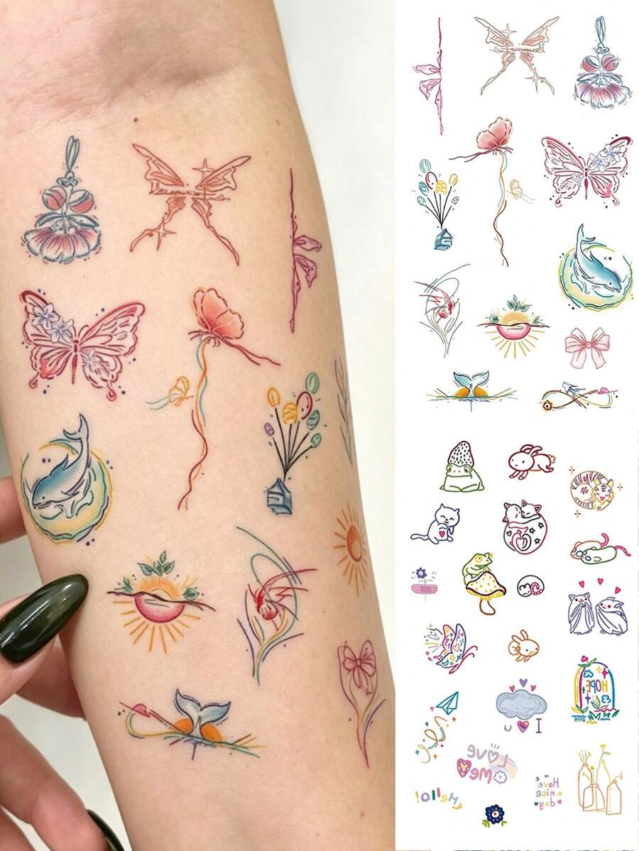 2 miếng dán xăm tạm thời phong cách rừng, nhiều họa tiết bướm cá heo thỏ ếch mây, xăm giả mini chống nước cho cánh tay và xương quai xanh, giữ được 2-5 ngày - Nhiều màu - Xem 1