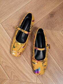 Yellow Abstract Print Mary Jane Square Toe Flats For Women, Gold Buckle Strap Low Heel Casual Dress Shoes - Yellow - View 1