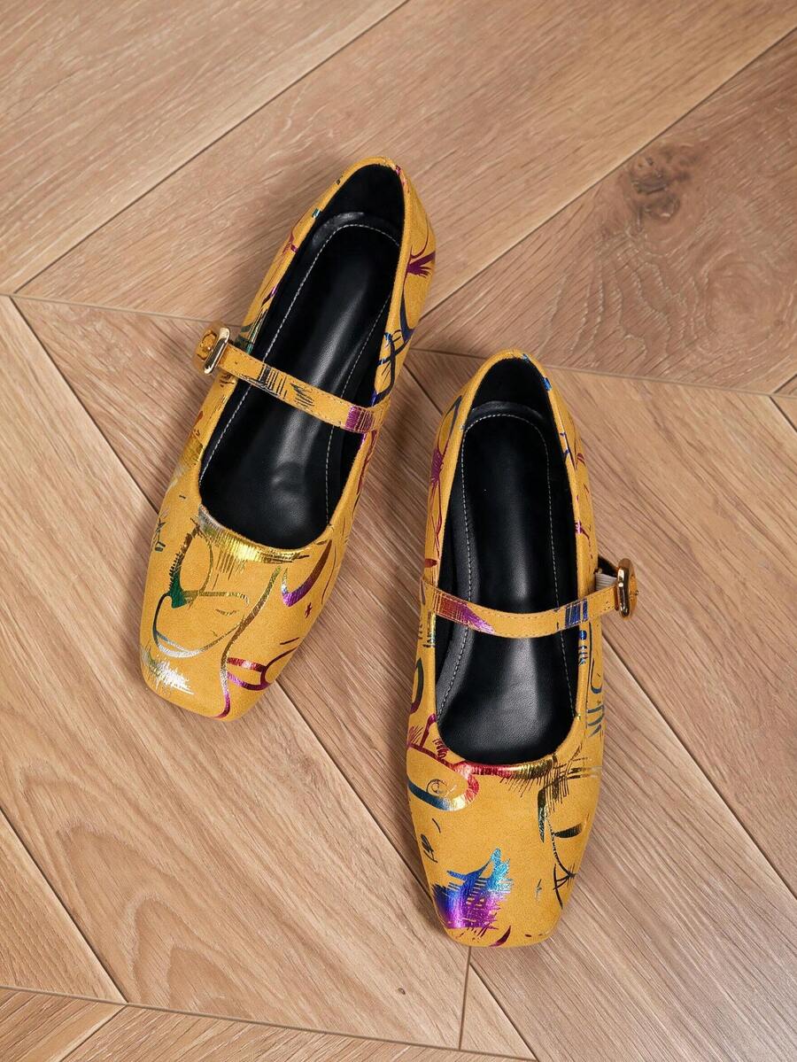 Yellow Abstract Print Mary Jane Square Toe Flats For Women, Gold Buckle Strap Low Heel Casual Dress Shoes - Yellow - View 1