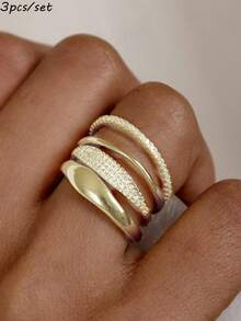 rundraw 3pcs Women's Rings Set, Gold-Tone Copper With CZ Inlay, Simple Fashion Rings, Suitable For Valentine's Day Gift, Daily Wear - Ring Set - View 1
