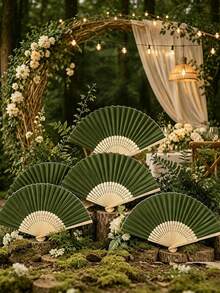 1/5/10pcs Elegant Green Wedding Folding Fan Set, Includes Tags And Gift Bags, Bride Bamboo Handheld Folding Fan, Suitable For Bridesmaid Gifts, Wedding Decor And Party Events, Perfect Summer Accessory - Multicolor - View 11