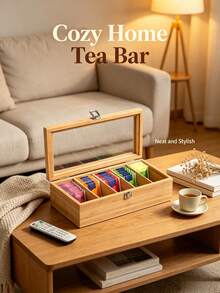 Wooden Tea Bag Storage Box Clear Glass‑Lid Divided Compartment Neat Tea Packet Organizer Decorative Countertop Tea Caddy For Kitchen Pantry Coffee Bar Table Decor - Natural Wood Color - View 8
