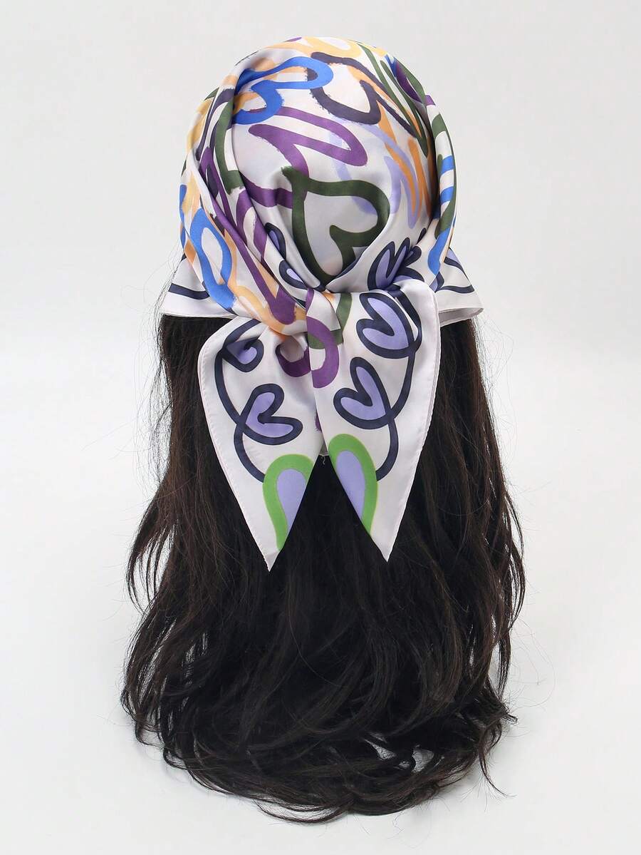 1pc Striped Heart Print Square Scarf, Premium Breathable Fashion Design, Suitable For Daily Wear - Multicolor - View 1