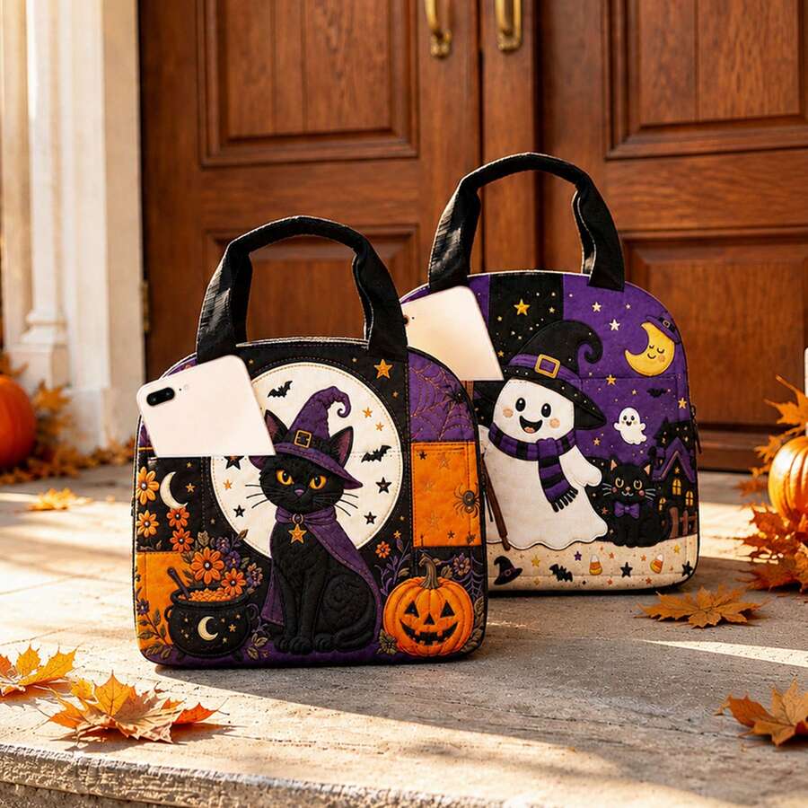 Portable Handbag; Thickened Fruit Bag - Cute Design Halloween Pumpkin Witch Print, Essential For Girls' Outings, Suitable For Back To School, Office, Outdoor Picnic And More Occasions - Orange - View 1