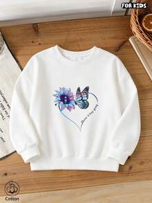 Girls' Butterfly Love Printed Hoodie, Loose Round Neck Long Sleeved, Soft And Breathable, Fashionable For Daily Street Wear In Autumn And Winter - White - View 2