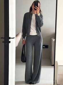 Basic Minimalist Fashion Women's Grey Wool Sweater Set, Including Button-Front Cardigan And Comfortable Wide-Leg Pants, Autumn Outfit Choice - Grey - View 1