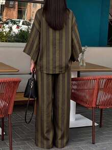 Autumn/Winter Gradient Striped Cardigan Drop Shoulder Loose Knit 2 Pieces Set Home & Commute Elegant Style - Multicolor - View 6