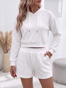Women's Knit Loungewear Set, Hooded Long Sleeve Top + Shorts, Casual 2 Pieces Home Set - White - View 4