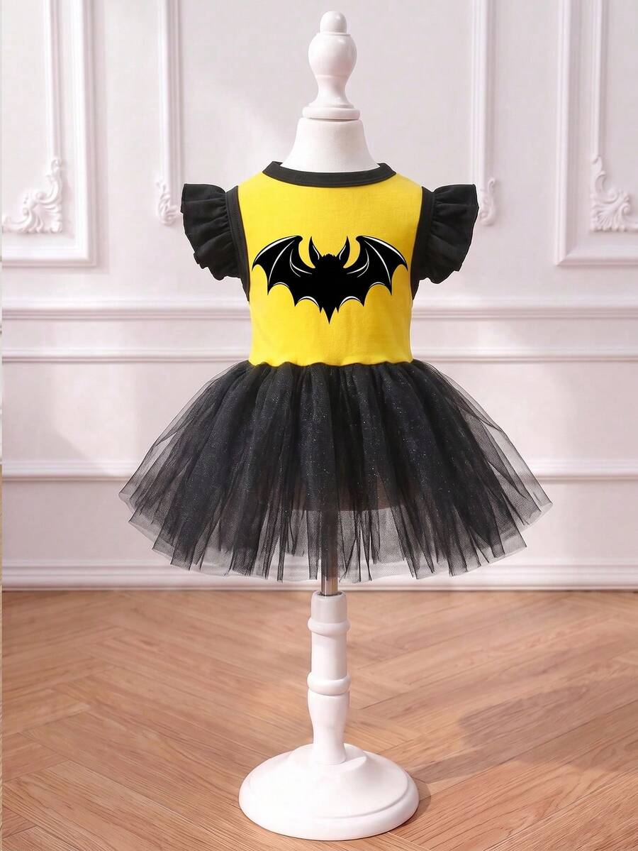 LUCKIE PAW 1pc Spider Bat Pattern Flutter Sleeve Cute Princess Style Tulle Dress Suitable For Chihuahua Small Dogs Wedding Season Pet Clothes For Cats And Dogs Indoor And Outdoor - Multicolor - View 1