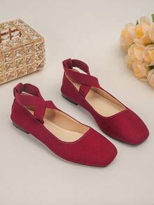 Spring/Autumn New Women's Burgundy Flat Shoes, Cross Elastic Strap, Square Toe, Slip-On, Soft, Versatile Ballet Style Mary Jane Shoes - Burgundy - View 6