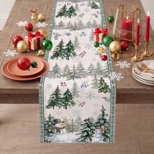 1pc Christmas Tree & Snowman Print Table Runner, Suitable For Holiday, Party, Dinner, Restaurant Table Decor, Home Autumn/Winter Christmas Decoration - Multicolor - View 3