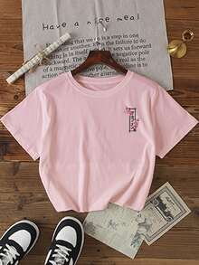 Women's Japanese Print T-Shirt, Short Sleeve Loose Fit Plus Size Casual Summer Top - White and Pink and Dark Gray - View 3
