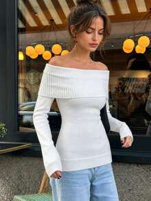 ALA Top Feminina Nova de Outono Estilo Francês Vintage Pure Desire Y2K Ombro a Ombro Dobrado Ajuste Slim Ombro Exposto Tricô Canelado Vertical Texturizado Branco Manga Longa, Casual Minimalista Elegante para Trabalho, Adequada para Passeios Diários, Festivais de Música, Volta às Aulas, Uso no Escritório, Cerimônias de Formatura, Festas, Encontros, Looks de Férias - Branco - Visão 4