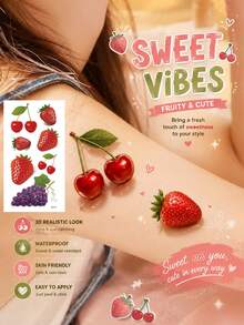 Cute 3D Fruit Temporary Tattoos For Women, Cherry & Grape Tattoo Stickers, Realistic Colorful Waterproof Body Art For Arms, Wrists, Summer Parties, Festivals, Vacations & Everyday Style - Multicolor - View 8