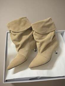 Autumn/Winter New Pointed Toe Kitten Heel Folded Ruched Mid-Calf Boots Fashion Elegant Versatile Ankle Boots For Women - Khaki - View 3