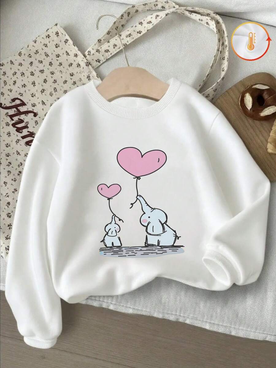 Kids Crew Neck Sweatshirt,Cartoon Elephant Heart Balloon Graphic Print Cotton Pullover For Kids - White - View 1