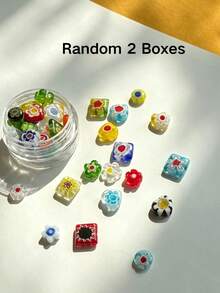 2 Boxes Colorful Thousand-Flower Glass Nail Art Decorations, 2-Box Set, Mixed Square, Round, Flower-Shaped Glass Accessories, Embedded With Vibrant Floral Patterns, Rich And Bright Colors, Transparent Glass Texture, Same Style As Nail Salon Accessories, Retro Color-Blocking Fun Nail Art Creation Materials - Multicolor - View 5