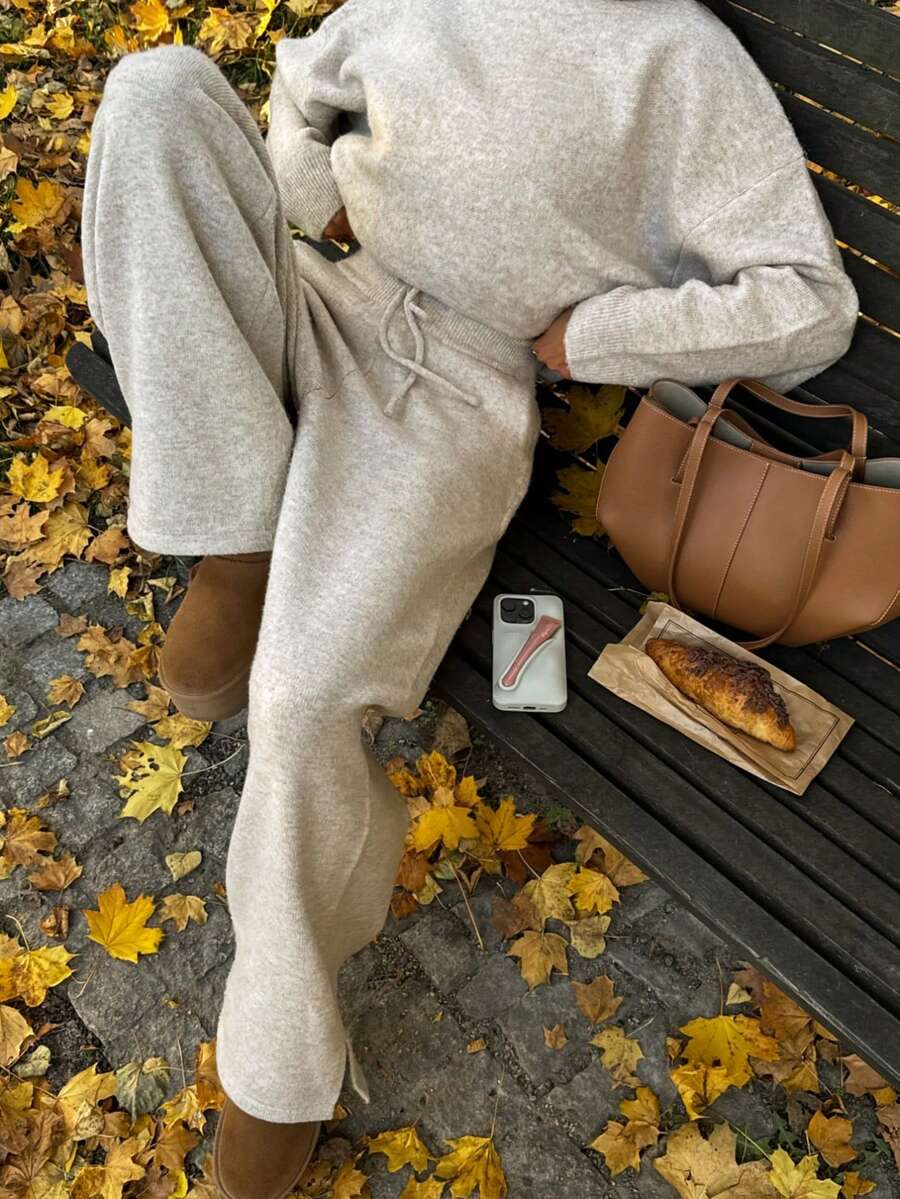 Women's Autumn/Winter Warm Ribbed Knit Hoodie Set, Loose Fit Pullover Hoodie With Drawstring Wide Leg Pants, Medium Stretch - Khaki - View 1
